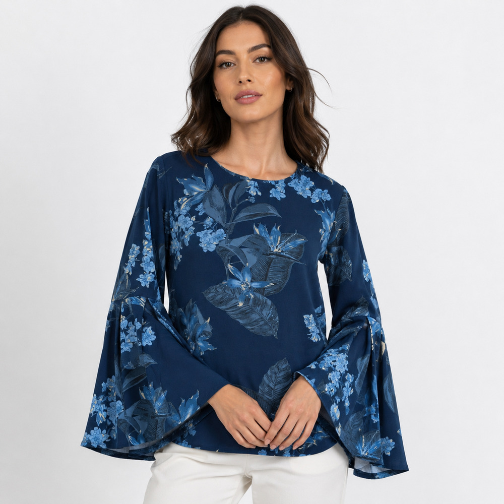 DG2 Diane Gilman Blouse Women Medium Blue Floral Palm Print Bell Sleeve Tropical